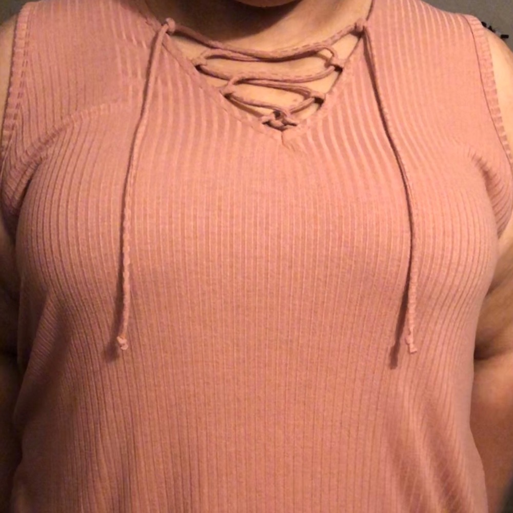 Plus Pink Ribbed Lace-Up Tank Top
